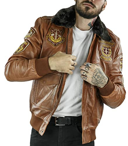 TruClothing Blouson pour Homme Style aviateur Bomber Pilote Style Vintage Cuir Vieilli véritable - Marron Chaud XL