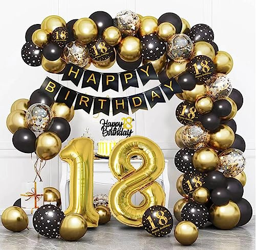 Bluelves Décoration Anniversaire 18 Ans, Kit Noir Or avec Arche Ballon, Guirlande Happy Birthday, Confetti et Ballons pour Femme Homme