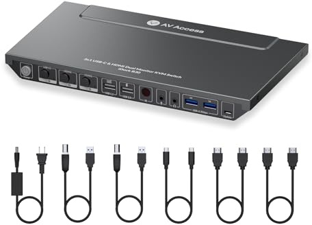 AV Access KVM Switch Dock 3 Computers 2 Monitors, 4K HDMI KVM Switch Dual Monitor, Type-C 65W Charging for Laptop, Ethernet, EDID, Hotkey Switch, USB C MST Dual 4K@60Hz, 1080P@240Hz, 2K@144Hz, USB 3.0