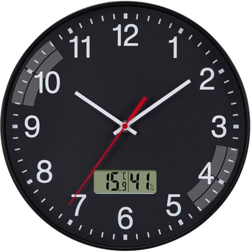 NESIFEE Reloj de Pared sin tictac, silencioso, Grande de 30 cm, sin Ruido, Negro, con Pantalla LCD y Display Digital de Calendario y Temperatura (termómetro), para salón de Estar, baño y Cocina