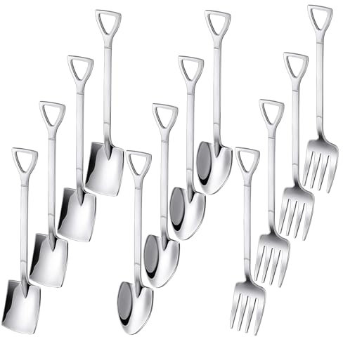 TPBSITNS 12PCS Shovel Spoon Fork Set, Stainless Steel Spade Shape Dessert Spoons Tableware, Creative Teaspoons Ice Cream Spoons Coffee Latte Spoon for Fruit Cake Family Party Restaurant