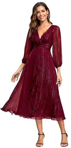 Ever-Pretty Women's Glitter A Line V Neck Pleated Long Sleeve Evening Dress Burgundy 14UK