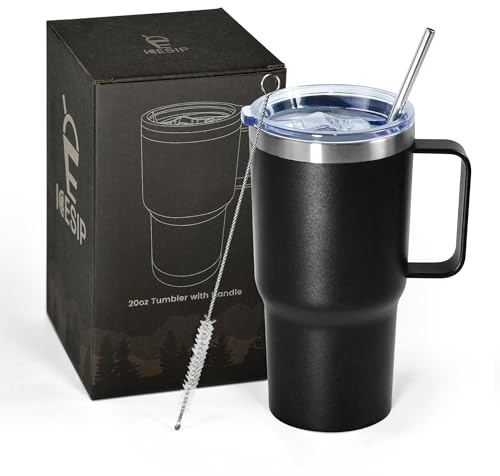Icesip 20 oz Tumbler with Handle, insulated cup coffee mug with lid, straw and handle, Double Wall Stainless Steel Vacuum Coffee Tumbler travel mug spill proof, 1pcs Black