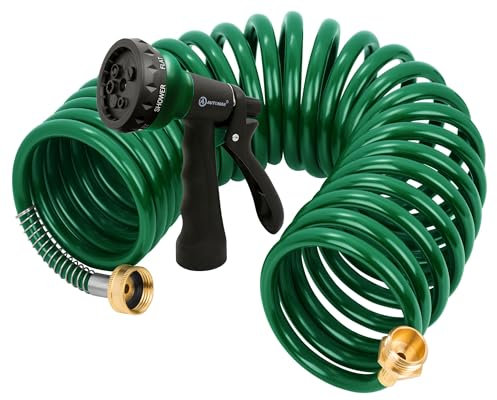 AUTOMAN Coil Garden Hose 25 ft, EVA Curly Water Hose with Brass Connectors, Recoil Garden Water Hose,Includes 7-Pattern Function Sprayer,Retractable,Corrosion Resistant Garden Coil Hose.