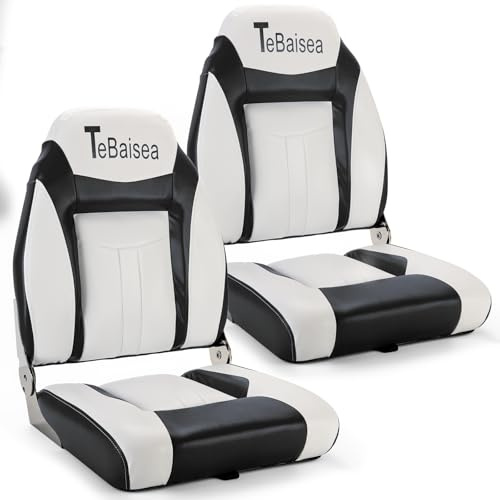 TeBaisea 2pcs Boat Seat, Fishing High Back Seat, Folding Boat Seat, Microfiber Leather Seat Wear Resistant Waterproof Sunproof 316 Stainless Steel Hinge (Black+White)