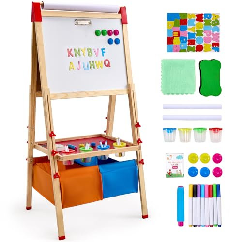 VEVOR Kunststaffelei für Kinder, 3-in-1-Kunststaffelei aus Holz, doppelseitig, mit magnetischem Whiteboard, Kreidetafel, Papierrolle, verstellbarem Zeichenbrett mit Malzubehör, für Kinder ab 3 Jahren