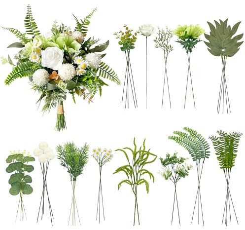 YMIFEEY 45pcs Künstliche Blumen Wie Echt Weiß Grün Blumenstrauß Künstlich Seidenblumen Fake Blumen Pflanzen Zweige Deko Artificial Flowers für Hochzeit Wohnzimmer Tisch Darinnen Draußen