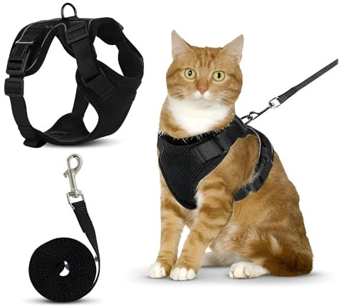 Verstellbare Katzenleine + Geschirr – Weiches, sicheres und atmungsaktives Material für Katzen, Schwarz (S)