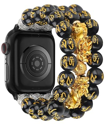 Wingoden Fengshui armband kompatibelt med Apple Watch Bands, herr, dam, 40 mm, 41 mm, 38 mm, 42 mm, 44 mm, 45 mm, 46 mm, 49 mm, pärlstretchy Pixiu, Apple Watch Strap, svart iWatch Band Series 10, 9,
