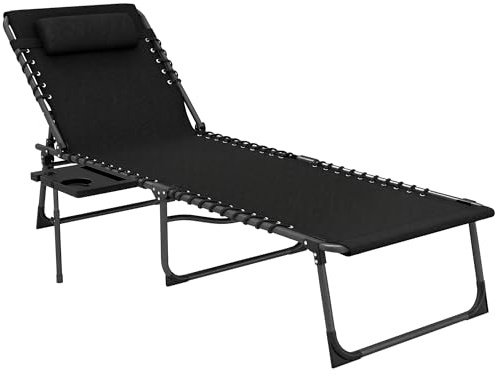 Outsunny Folding Sun Lounger with Side Table, 5-Level Adjustable Reclining Sun Lounger Chair, Portable Garden Recliner Sunbed with Side Pocket, Head Pillow for Patio, Beach, Camping, Black