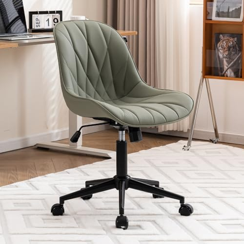 YOUTASTE Bürostuhl ohne Armlehnen, Bürostuhl Ergonomisch mit Blattrippenmuster, Schreibtischstuhl Höhenverstellbar, Drehstuhl mit Rollen, Computerstuhl Leder für Home Office und Büro, Olivgrün