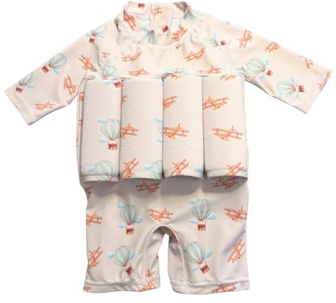 La-haut kids Maillot de Bain Anti-Noyade pour garçon 1-4 Ans UPF 50+, Motif Montgolfières et Avions, idéal pour Apprendre à Nager,Combinaison à Manches Longues, Beige Style Vintage