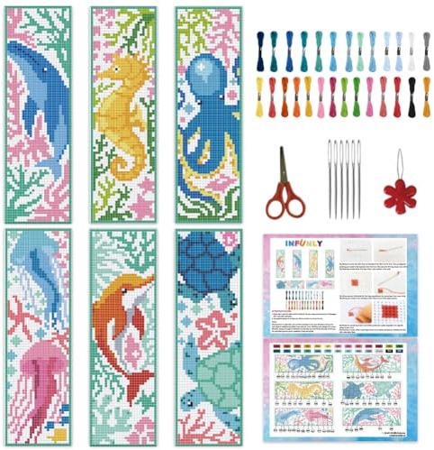 INFUNLY Lot de 6 marque-pages au point de croix animaux marins pour débutants - Motif baleine - 20,3 x 6,1 cm - Méduse pré-imprimée - Avec instructions pour les amateurs de livres