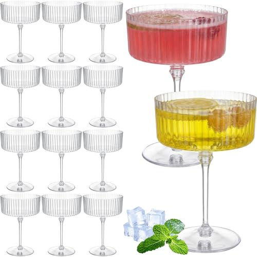 Jingmore 12 Pcs Ribbed Martini Glasses 10 oz Disposable Plastic Vintage Ribbed Coupe Glasses Unbreakable Dessert Parfait Glassware for Wedding Birthday Party Supplies (Clear)