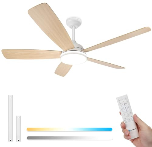 Aigostar Ventilatore da Soffitto con Luce e Telecomando Silenzioso 52‘’, Dimmerabile, 2700K-6500K, 30W Motor DC Reversibile, 6 Velocità, Adatto per soggiorno, camera da letto e sala da pranzo