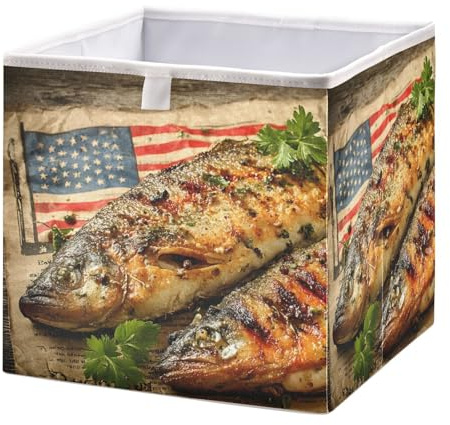 YMGQYJ Collapsible Storage Cube-Fish Bbq 15.7×10.6×6.9 in 1 Pack, Foldable Organizing Baskets Bins with Reinforced Board