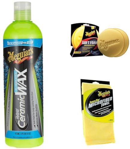Meguiar's Hybrid Keramik Flüssigwachs, einfache Keramikversiegelung, langanhaltender Abperleffekt & Lackschutz, 473 ml – Inklusive 4 weiche Auftragspads & Supreme Shine Mikrofasertuch