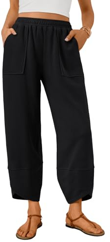 Trendy Queen Women's Wide Leg Pants, Soft Cotton Blend with Pockets for Casual Summer Black M