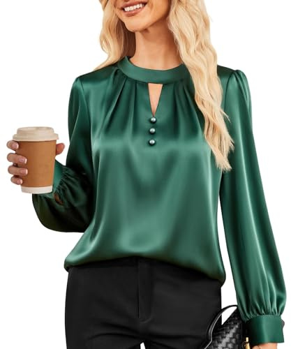 GRACE KARIN Chemisier habillé en satin à manches longues et col rond pour femme, vert foncé, XL