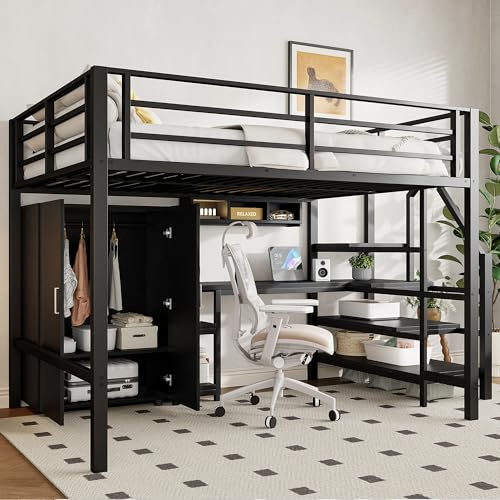 MQGPM Cama alta para niños, 140 x 200 cm, con escritorio y armario, litera con escalera y espacio de almacenamiento, marco de cama con protección anticaídas y estanterías, para niños y adolescentes