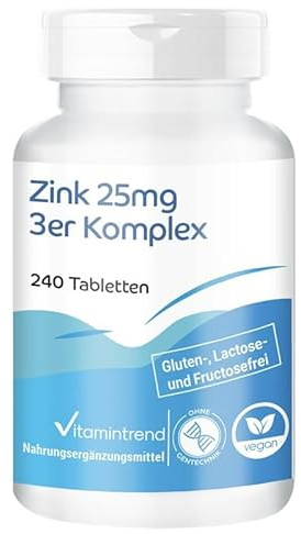 Vitamintrend Zink 25 mg 3-komplex, 240 tabletter, 25 mg per tablett, högdoserad, veganskt kosttillskott utan magnesiumstearat, tillverkad i Tyskland