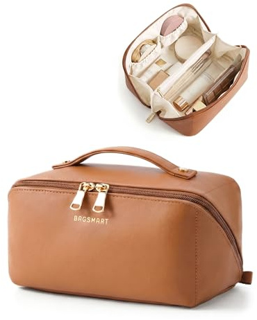 bagsmart Trousse de Maquillage Voyage Femme PU Cuir avec PVC Compartiment | 23,5x10,5x11cm Imperméable Trousse de Toilette Vanity Case Makeup Bag 2 Compartiments, Poche à Pinceaux, Poignée Renforcée
