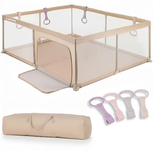 sun baby Parque Infantil con asa rosas 150x200 cm 0-2 años Beige, poliéster, paredes de malla, entrada con cremallera, pies antideslizantes, bolsa incluida, estructura metálica