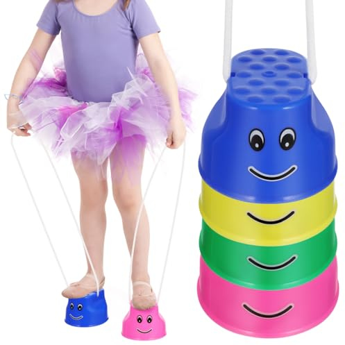 Hemobllo 4 Stück Topfstelzen für Kinder, Becherstelzen Set für Balance Training & Motorik, Farbenfrohes Sensorik Spielzeug für Garten & Kindergarten, 2 Paare