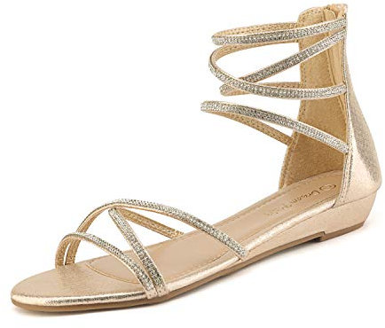 DREAM PAIRS Women's Ankle Strap Flat Sandals Summer Dressy Strappy Gladiator Rhinestones Sandals,Size 11,Gold,WEITZ