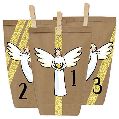 PaPIerDraCHeN Calendario dell'avvento DIY Set di Carta Kraft - angioletti da attaccare - con 24 Sacchetti di Carta Marrone e Washi Tape da riempire da Soli e Fai da Te - Natale 2021