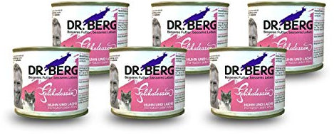 Dr. Berg FELIKATESSEN Huhn & Lachs: getreidefreies, hypoallergenes Katzenfutter - Nassfutter mit 75% Fleischanteil - extra verträglich und lecker durch natürliche, hochwertige Zutaten (6 x 200 g)