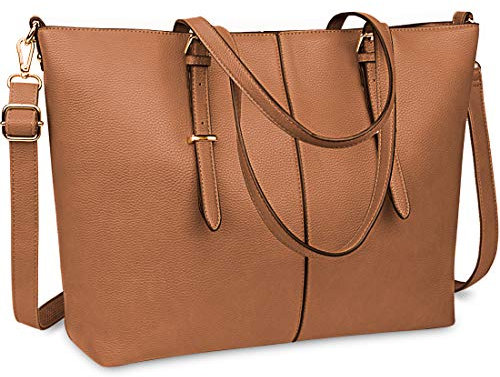 NUBILY Laptop Damen Handtasche 15,6 Zoll Shopper Handtasche Elegant Leder Taschen Große Leichte Elegant Stilvolle Frauen Handtasche für Business/Schule/Einkauf (Braun)