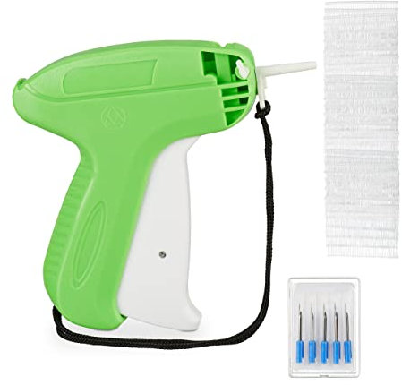 Relaxdays Etikettierpistole, Anschießpistole inklusive 5 Ersatznadeln & 5000 Heftfäden, Etikettiergerät, grün-weiß, 1 Stück