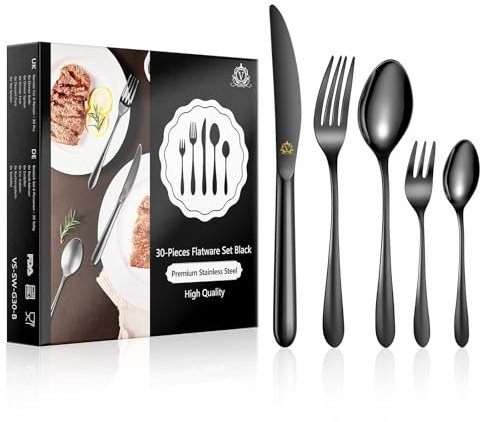 Vancasso - Cubertería (30 piezas, acero inoxidable, servicio de cubiertos, 6 personas, cubiertos de mesa de acero inoxidable, incluye 1 cuchillo, 2 tenedores, 2 cucharas, lavable en lavavajillas,
