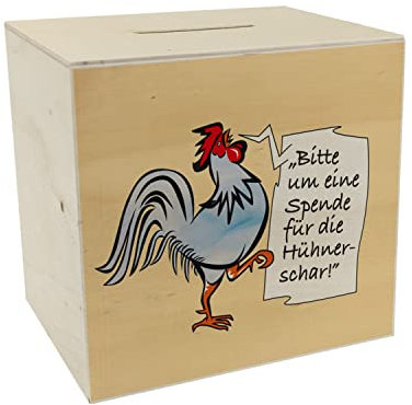 Spardose aus Holz mit Hahn Motiv in blau zum Thema Trinkgeld und lustigem Spruch schöne Sparbüchse als Geschenk für Sparfüchse die Hühner mögen und eine Hühnerschar auf dem