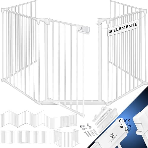 KESSER® Kaminschutzgitter mit Tür 480 cm Metall Ofenschutzgitter Laufgitter Laufstall Absperrgitter Tierschutzgitter Türschutzgitter für Kinder-Sicherung, 8-teilig Elemente (je 60 x 75 cm) Weiß