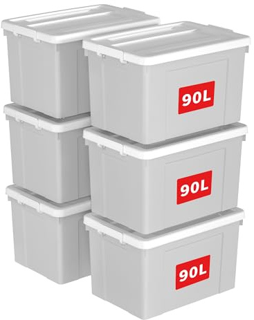 Cetomo 90L*6 Caja de Almacenamiento con Ruedas, Caja de Plástico con Tapa y Cierre Seguro, Contenedor de Almacenamiento Grande, Duradera, Apilable, Resistentes, Gris, Paquete de 6 de 90L