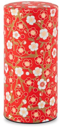 NOREN Japanese Tea Canister Tin (Yuzen Washi Paper - Plum/Red), 7.06oz Size/Made in JAPAN with Includes Inner Lid of Airtight Damp-Proof/Kitchen Jar for Loose Leaf Coffee Tea Spice and More