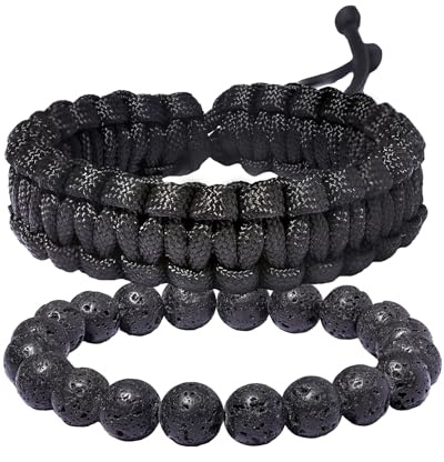 Xfoxstal 2Pcs Adjustable Handmade Survival Paracord Bracelets Set Lava Stone Stretch Beaded Bracelets for Women Men Outdoor Hiking Camping Unisex (Black)