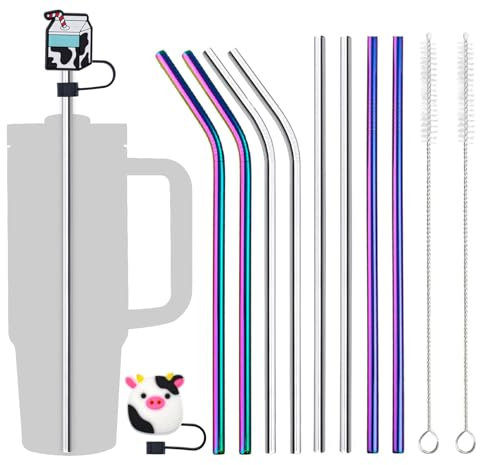 Herbst 8 Stück Strohhalme Edelstahl, 30cm Lange Strohhalme für Stanley Adventure Quencher 40oz Cup, Strohhalme Wiederverwendbar Metall Strohhalm mit 2 Reinigungsbürsten + 2 Strohhalm Abdeckung