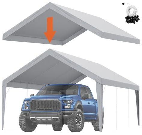 VEVOR Tela de Repuesto para Toldo de Cochera 6,1x3,94 m Lona de Garaje para Pared Lateral Impermeable con Protección UV Elásticos de Bola Fácil Instalación, Gris (Parte Superior y Marco No Incluidos)
