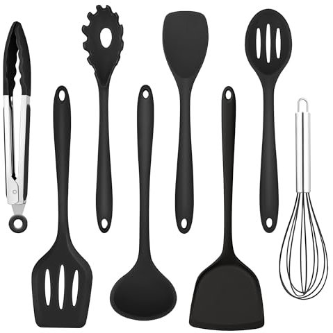Homikit Utensili Cucina, 8 Pezzi Utensili da Cucina Silicone, Set di Utensili da Cucina Antiaderenti con Spatola/Cucchiaio/Frusta per Cucinare,Cuocereal Forno, Lavabile in Lavastoviglie, Nero