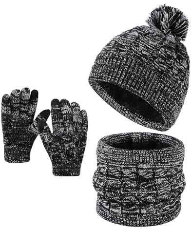 Enwokran Enfant Bonnet Écharpe et Gants Ensemble,Polaire Snood Bonnet Chapeaux avec Pompon Polaire Doublé Chauffe-Cou Écharpe et Gants Écran Tactile pour Fille Garçon 5-12 (Noir)