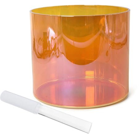 Orange klare Kristall-Klangschale, 17,8 cm, D-Note, Alchemieschale für Yoga, Meditation und Klangheilung, kosmische Lichtschale mit Klöppel und O-Ring, 440 Hz Frequenz