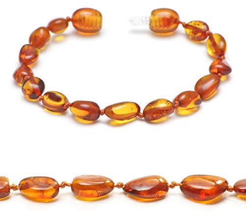 Echtes Bernstein Armband - Anti-Stress Armband & Fußkettchen für Damen – Handgefertigtes Perlenarmband aus echtem Ostsee Bernstein – Women Bracelet – Glücksstein Schmuck (COGNAC, 13 CM)