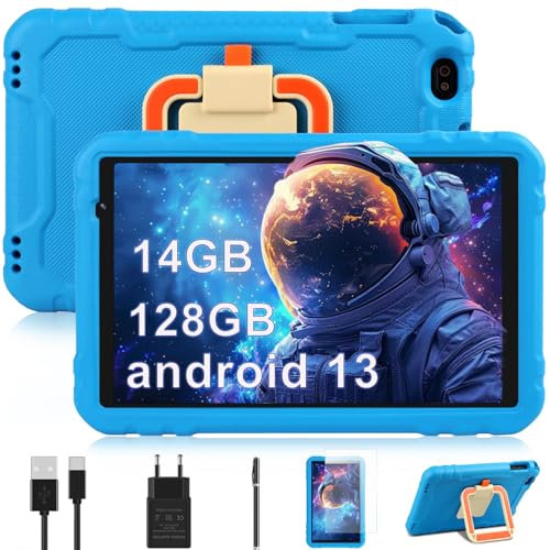 fezawio Tablet Niños 10 Pulgadas 8 Core Android 13 Tableta con 14GB RAM+128GB ROM (TF 512) HD IPS Display |5MP+8MP |2.4G+5GWi-Fi|8000mAh -Super Protective Antichoque Eva Estuche Protector,Azul
