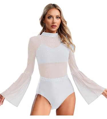 Zaldita Donna Body da Danza Classica Moderna Senza Schienale con Strass Abito da Ginnastica Pattinaggio Artistico Bodysuit da Balletto Leotard Dancewear Bianco M