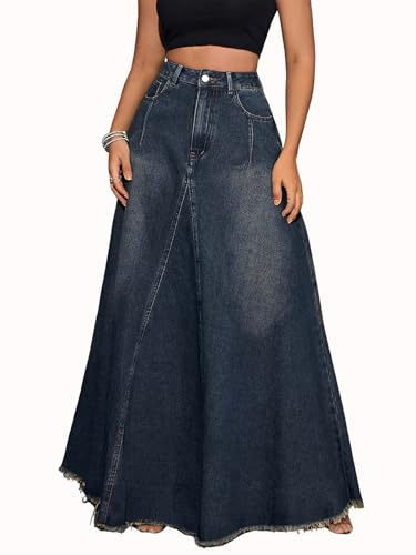 ebossy Falda Larga de Mezclilla para Mujer, Estilo Retro, desgastada, Cintura Alta, Dobladillo Deshilachado, Acampanada, con Bolsillos, Retro Azul, M