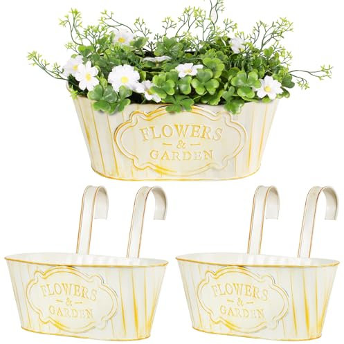 BOOMTOP 2pcs Metall Blumentopf Hängend Vintage Blumentöfpe mit Abnehmbar Haken Hängetöpfe für Pflanzen Blumen Hängetopf zum Aufhängen für Balkon Garten Wand Terrasse Innen Außen Beige 27x15x12cm