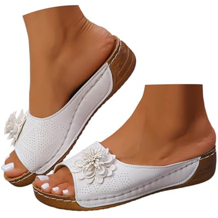 Sandales Femme Mode Premium en Cuir Bout Ouvert Compensées Plateforme Pantoufles Orthopédiques Chaussons d'Été Confortable